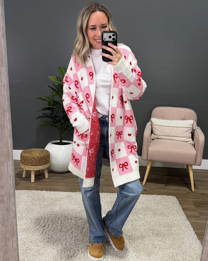 Valentine's Day Cloud Open Cardigan - Checkered Bows FINAL SALE Blakeley