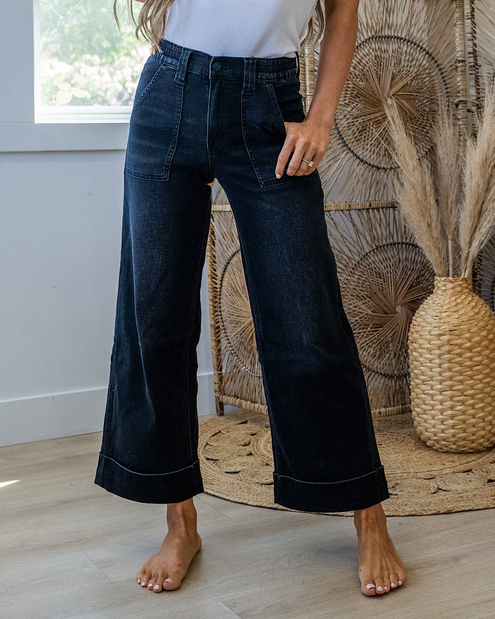 Vervet Maggie Roll Hem Elastic Waist Wide Leg Jeans - Black Vervet