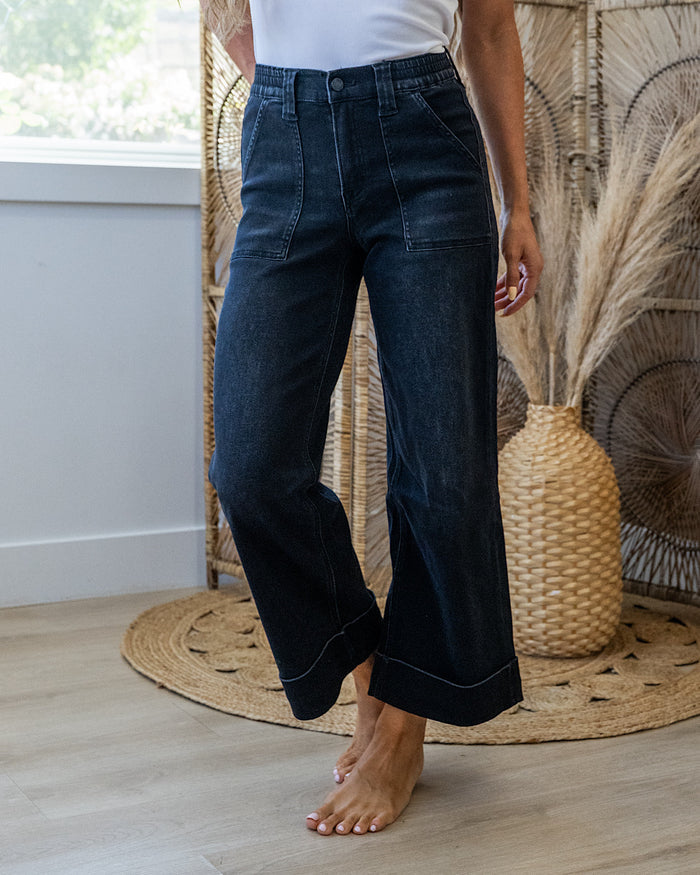 Vervet Maggie Roll Hem Elastic Waist Wide Leg Jeans - Black Vervet