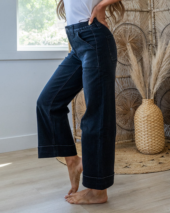 Vervet Maggie Roll Hem Elastic Waist Wide Leg Jeans - Black Vervet
