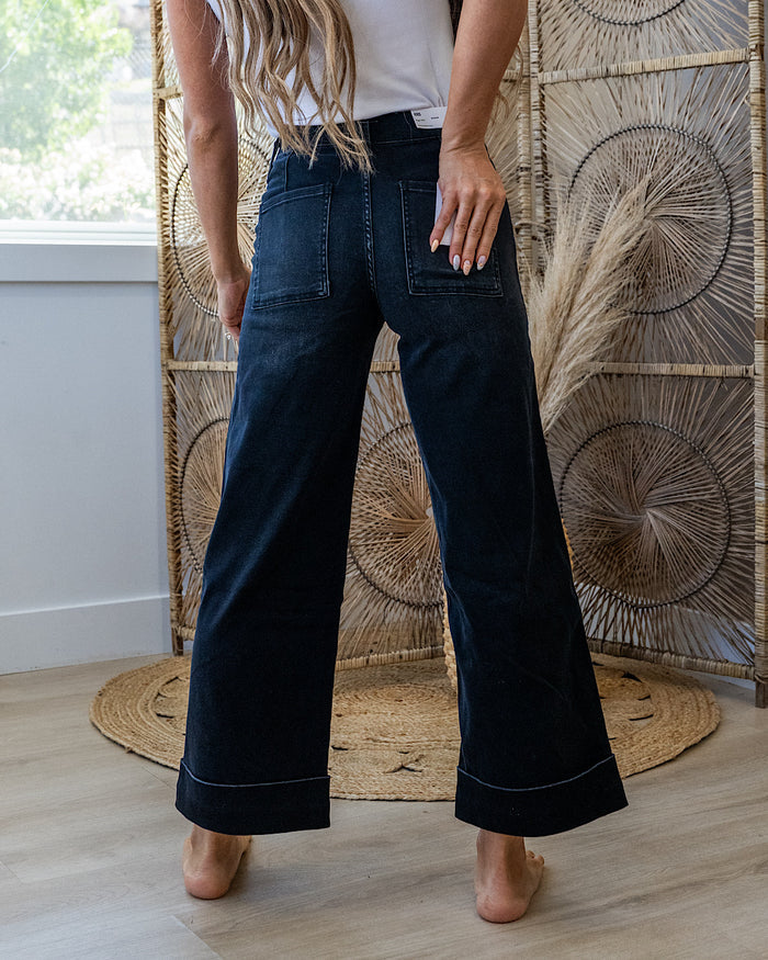 Vervet Maggie Roll Hem Elastic Waist Wide Leg Jeans - Black Vervet