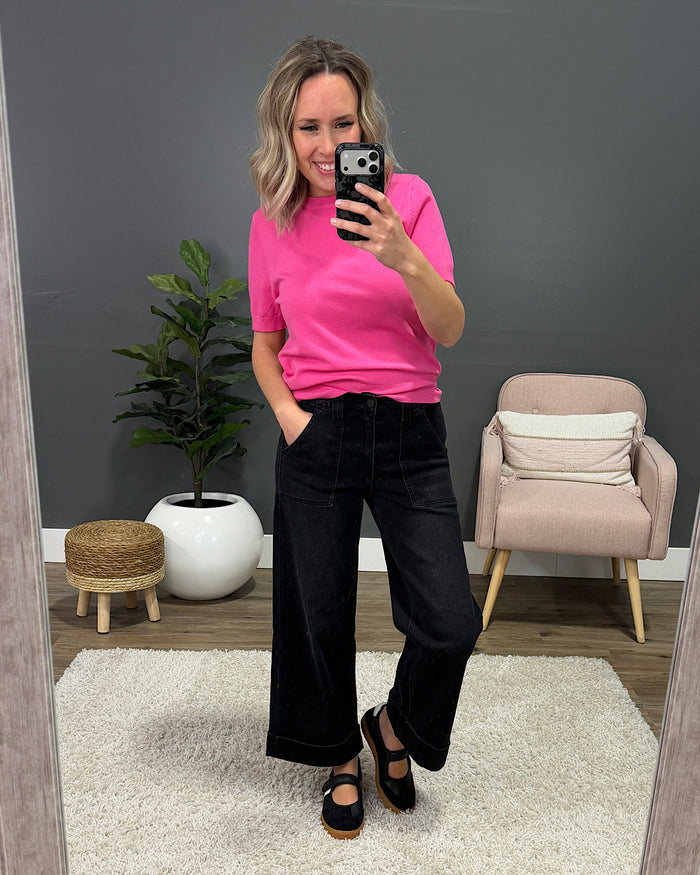 Vervet Maggie Roll Hem Elastic Waist Wide Leg Jeans - Black Vervet