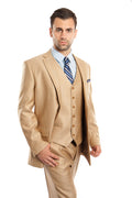 Wheat Solid Shiny Sharkskin 3-PC Regular Modern Fit Suits For Men - Giorgio's Menswear