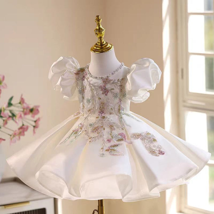 White Beaded Flower Girl Dress Knee Length Party Gown J543