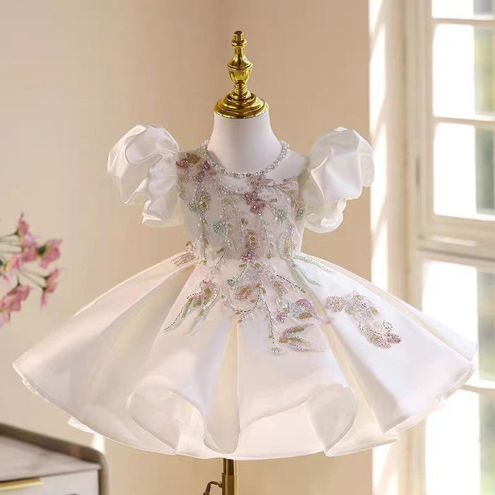 White Beaded Flower Girl Dress Knee Length Party Gown J543