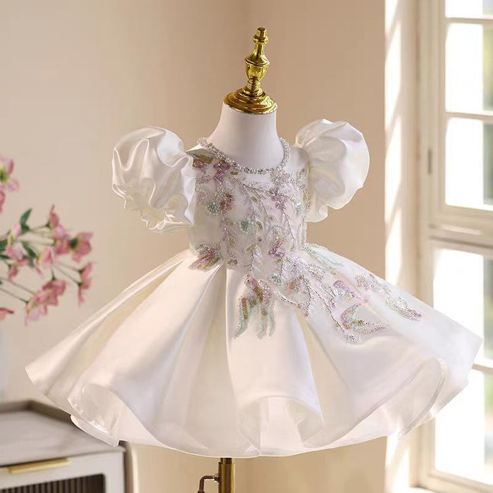 White Beaded Flower Girl Dress Knee Length Party Gown J543