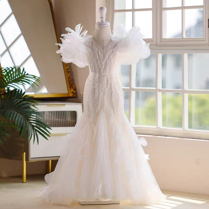 White Mermaid Pearls Flower Girl Dress J556