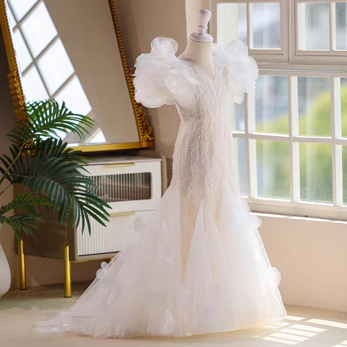 White Mermaid Pearls Flower Girl Dress J556