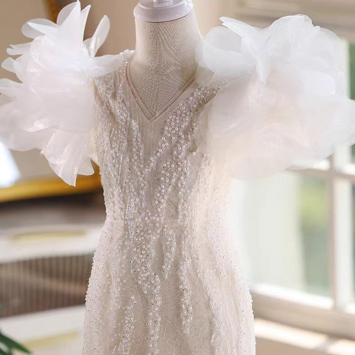 White Mermaid Pearls Flower Girl Dress J556