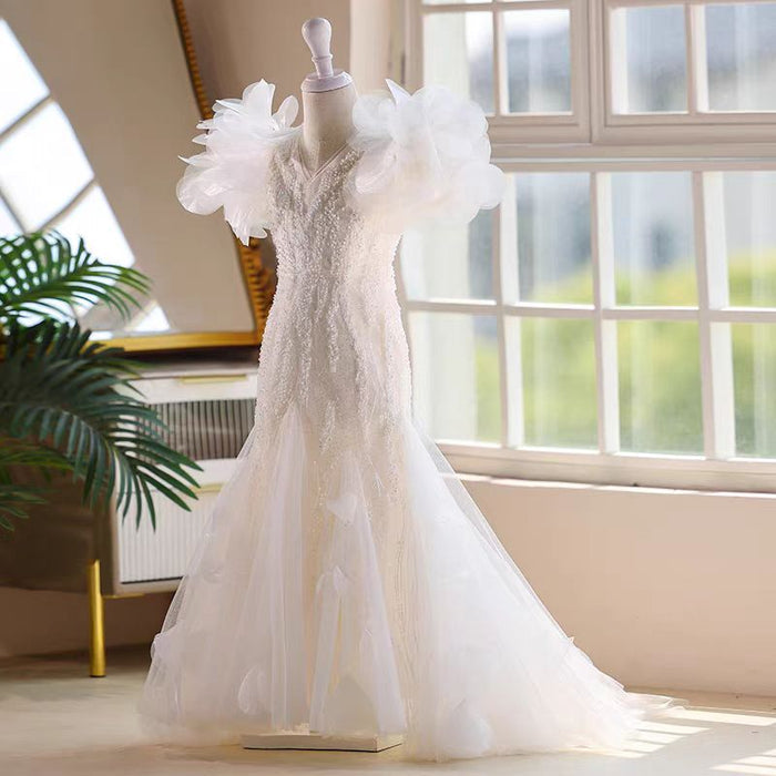 White Mermaid Pearls Flower Girl Dress J556