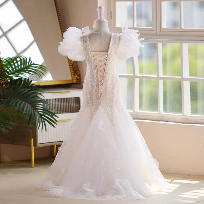 White Mermaid Pearls Flower Girl Dress J556
