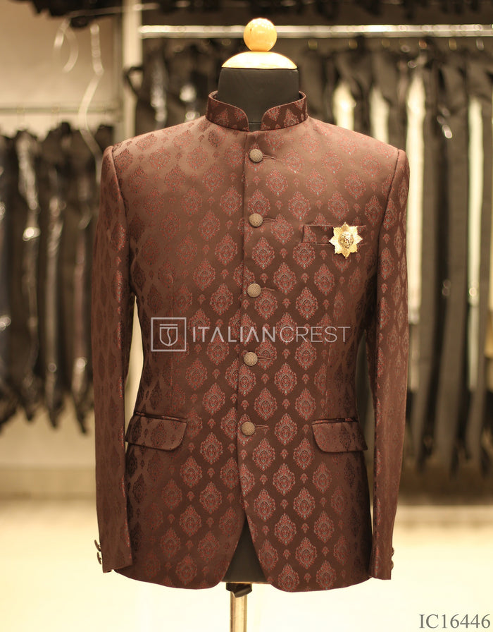 Wine Jacquard Jodhpuri Suit
