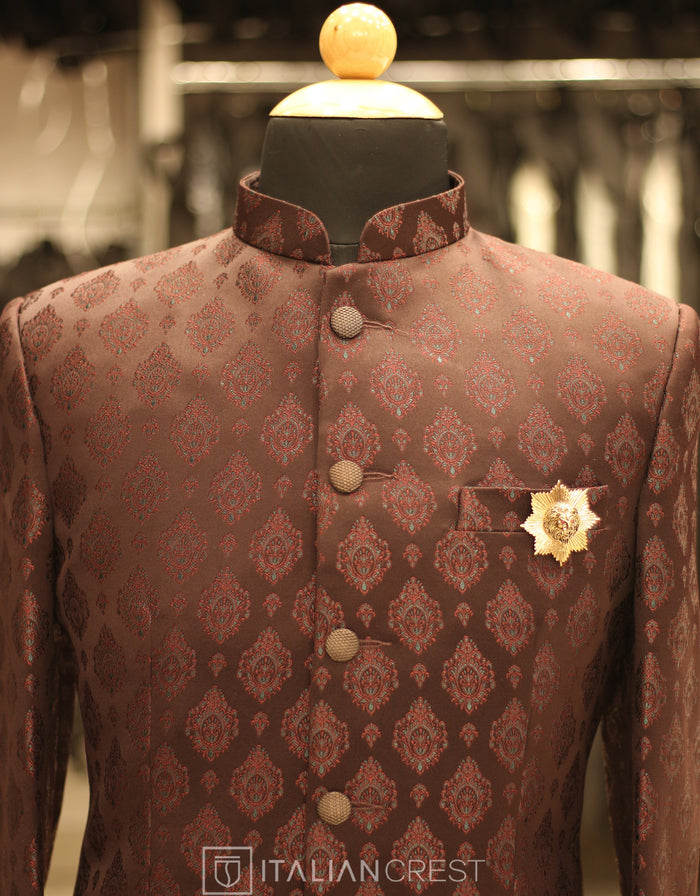 Wine Jacquard Jodhpuri Suit