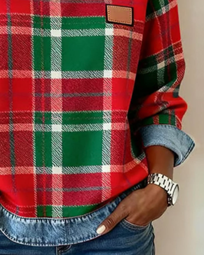 Women's Casual Round Neck Denim Patchwork Pullover Sweatshirt