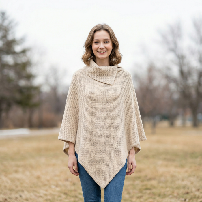 Yana - Faux Fur Collared Poncho - Cream