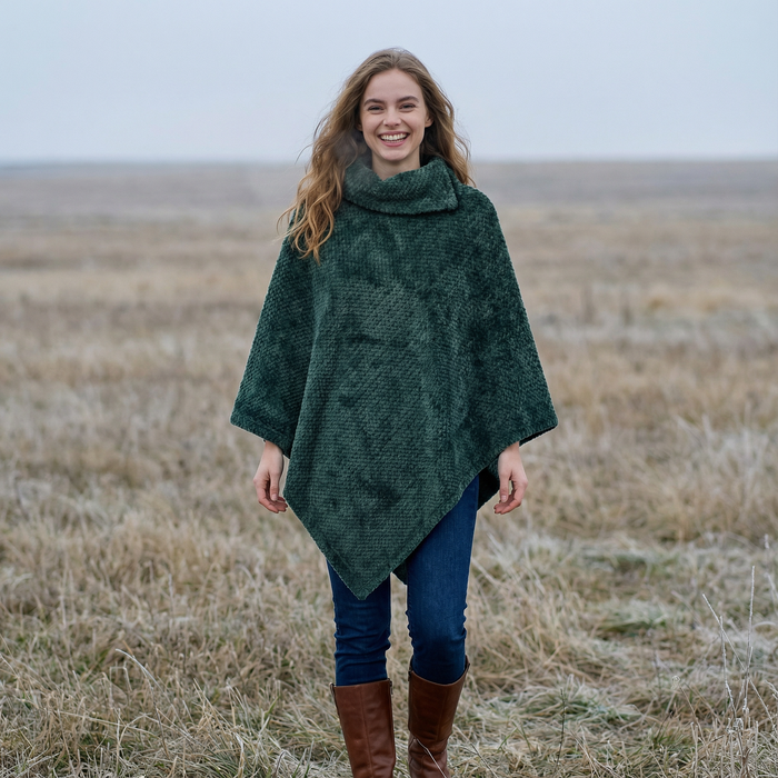 Yana - Faux Fur Collared Poncho - Dark Green