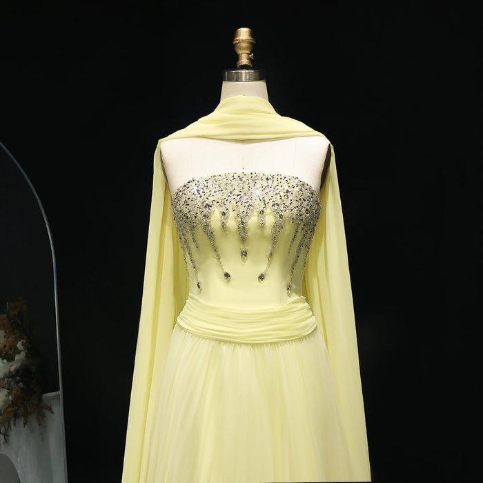 Yellow Strapless Arabic Evening Dress with Cape XD-009