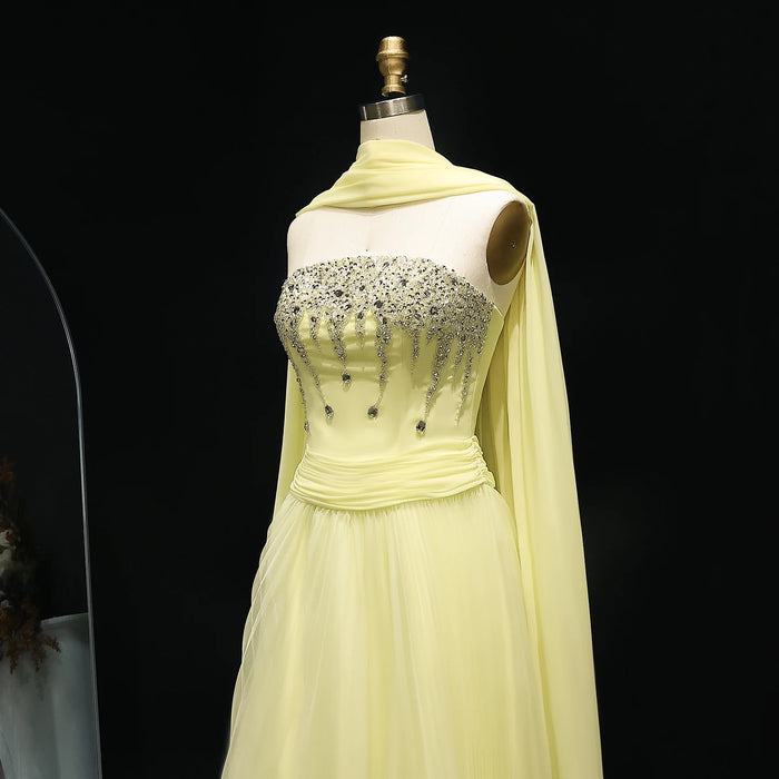 Yellow Strapless Arabic Evening Dress with Cape XD-009