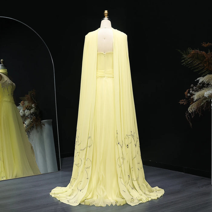 Yellow Strapless Arabic Evening Dress with Cape XD-009