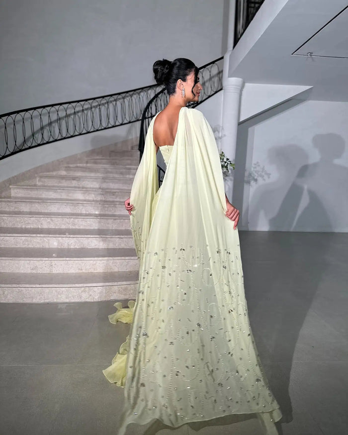 Yellow Strapless Arabic Evening Dress with Cape XD-009