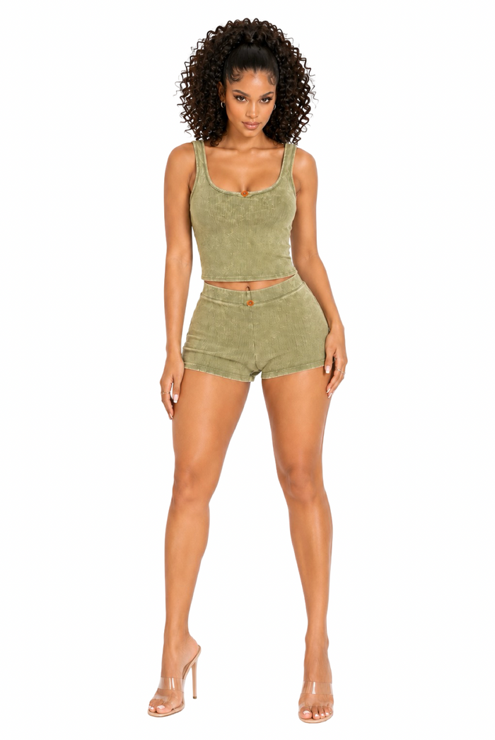 You See It - Women's Matching Stretch Ribbed Burn Out Short set